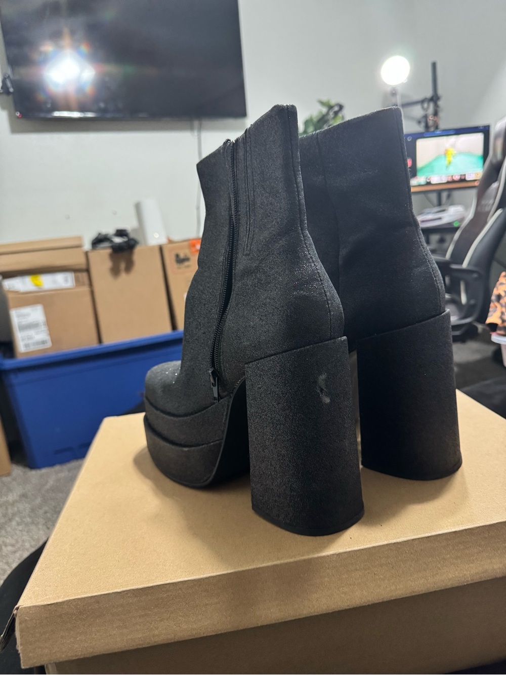Steve Madden Black Glitter Platform Block Heel Boots - Picture 4 of 5